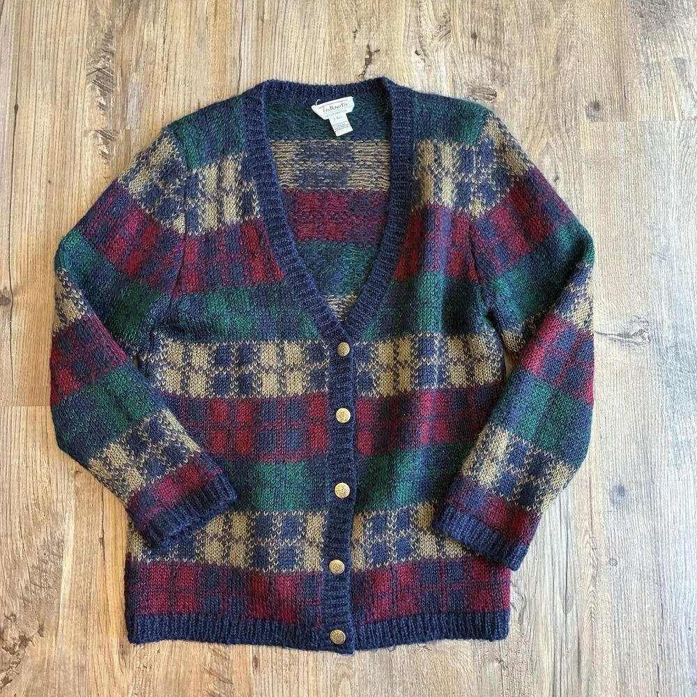 Talbots Women’s L Multicolor Plaid Mohair Wool/Acrylic Knit Cardigan Sweater